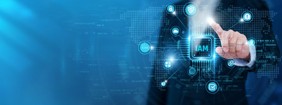 Businessman touching IAM and networking data. User authentication, access control, identity verification, data protection, security management.