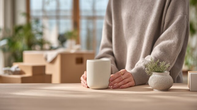 Hands hold a cup in a bright space
