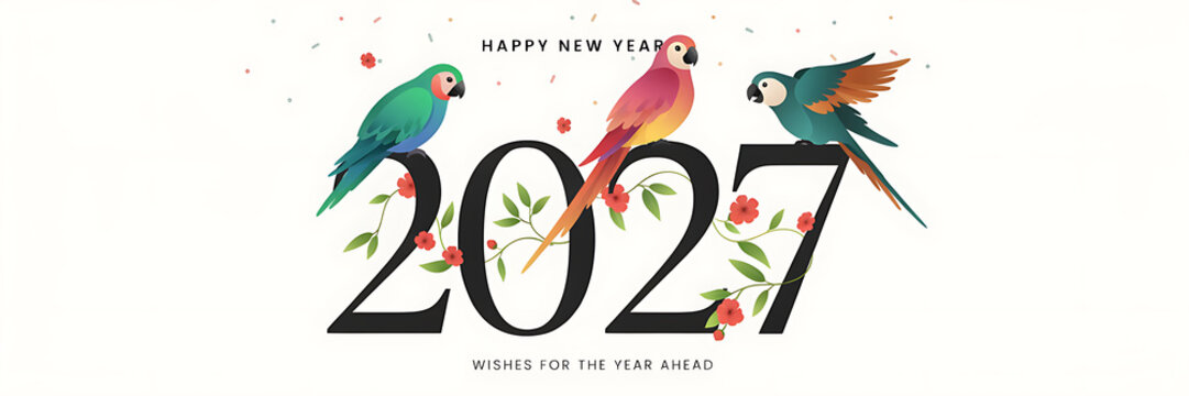 Happy new year 2027 festive with three colorful tropical parrots, green leafy branches, red flowers, and confetti on white background