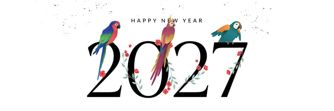 Happy new year 2027 greeting card with three colorful tropical parrots, decorative green foliage, and red flowers on white background