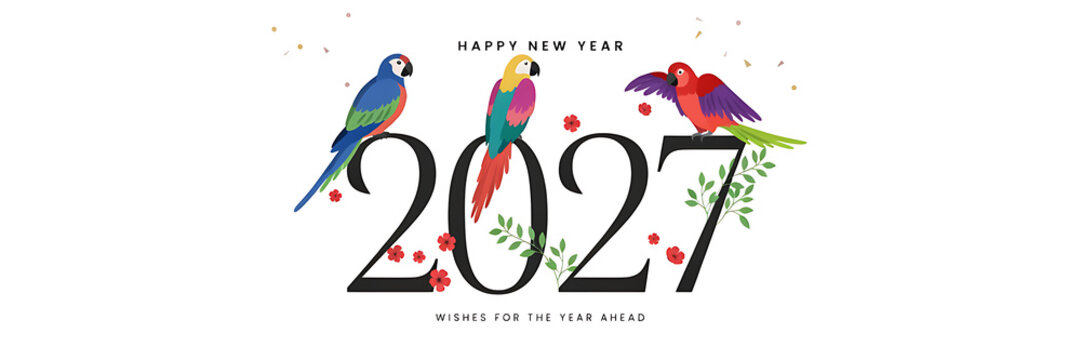 Happy new year 2027 greeting card with three colorful tropical parrots, typography, green leaves, and red flowers on white background
