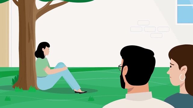 Depressed woman sitting beneath tree receiving mental health support from friends during an animated video clip showing emotional compassion and caring social interaction in sunny park