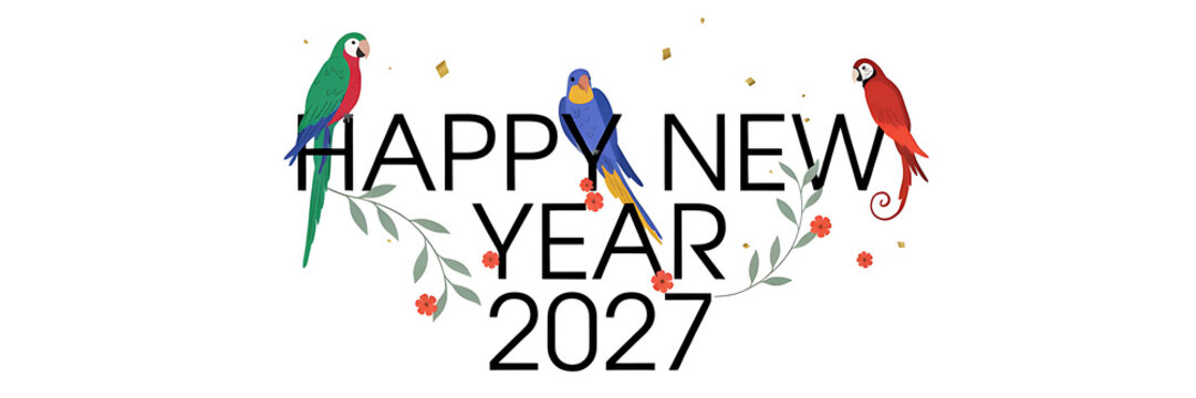 Happy new year 2027 text with colorful parrots, delicate floral branches, and scattered confetti on a clean white background, for greeting