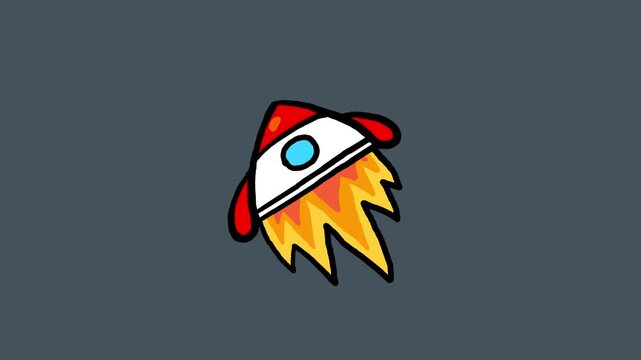 Rocket flying cartoon animation seamless loop greenbox. Dynamic isolated business doodle or  children animation style. Good for any space project. 