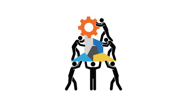 Group of stick figures working together to build a colorful graph structure with a gear on top, illustrating teamwork.
