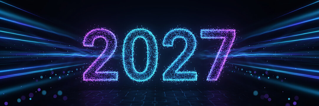 Dynamic 2027 year sign with glowing blue and purple particles, light streaks, and motion blur effects on a dark, high-tech digital background