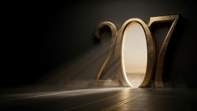 Three-dimensional golden numbers 207 standing on a dark floor with a glowing light portal behind them and dust particles in the air