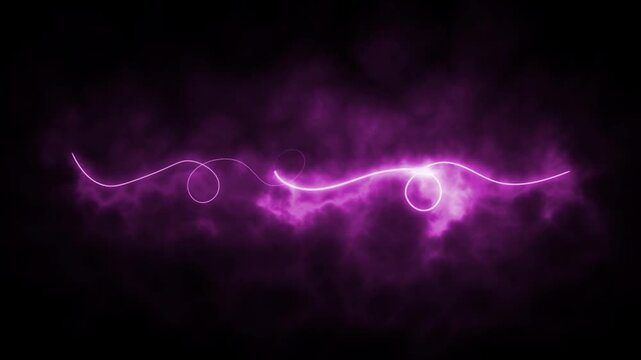 Purple neon line features glowing light strokes swirling through magenta energy clouds on black background. 4K animation.