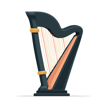 A simple and modern flat 2D vector of a Harp, isolated on a pure white background.