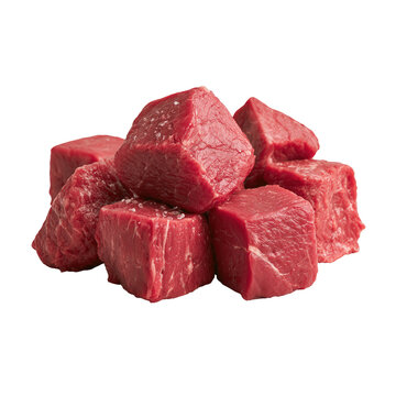 Raw beef chunks isolated on a transparent background ready for cooking or food preparation