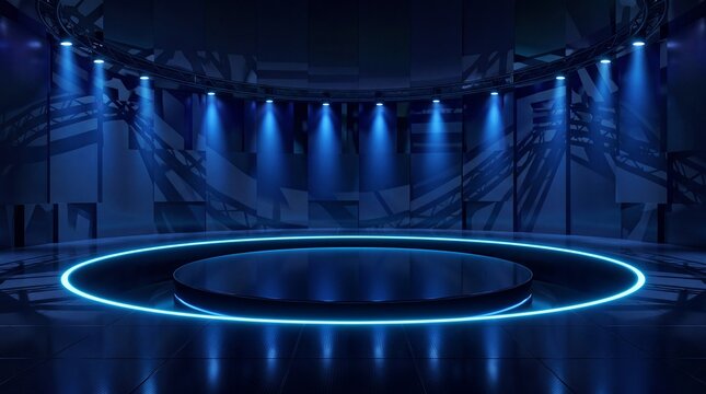 Futuristic Empty Stage with Blue Neon Lights and Spotlights