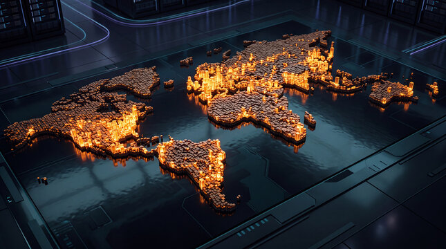 Glowing Digital World Map in Futuristic Server Room