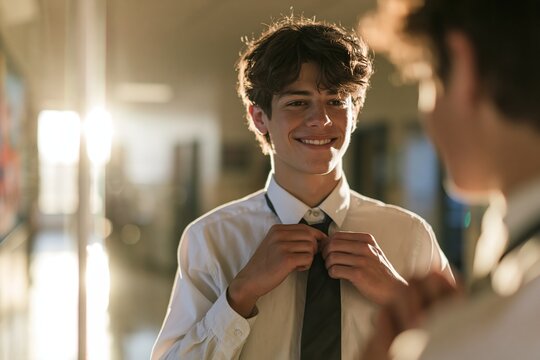 Teenage Boy Adjusting Tie in Mirror