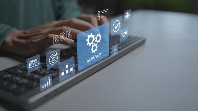 AI workflow optimization system concept. Person typing keyboard with smart bot, process gear and efficiency chart icons, automated business workflow and productivity booster.