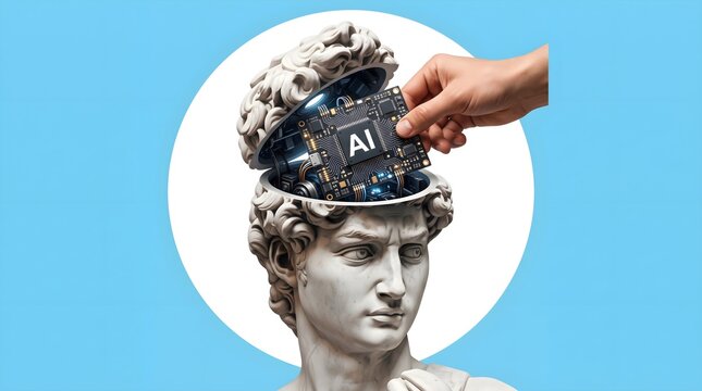 Ai chip being inserted into a classical marble statue head