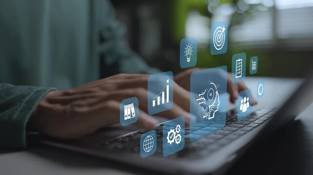 Artificial intelligence technology in business concept. Person using laptop with AI brain, growth chart and digital gear icons, smart enterprise transformation and innovation.