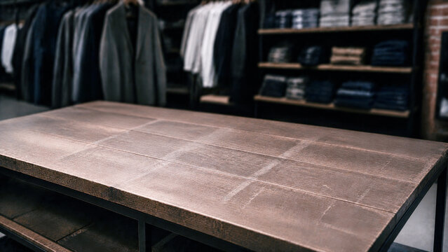 Empty display table inside a dark modern clothing store with folded apparel and garments in the background