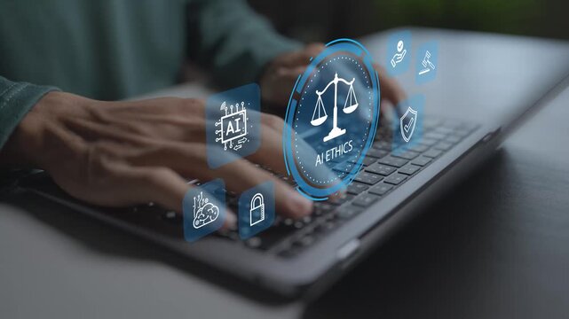 AI ethics and legal concept. Person using laptop with justice scale, AI neural network and shield icons, artificial intelligence governance, compliance and privacy protection.