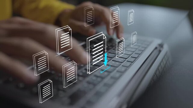 File download concept. Person using laptop with download arrow, file folder and transfer speed icons, fast digital document retrieval and secure online data management.