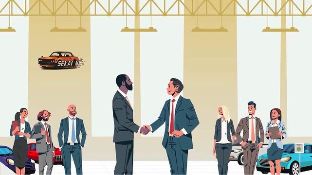 Business professionals shaking hands inside a classic car showroom with animated stacks of money shown in this dynamic corporate video clip featuring smooth motion vector graphics