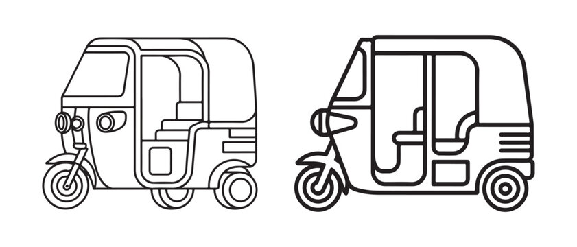 Tuk tuk rickshaw line art icons set for urban transport and travel design.