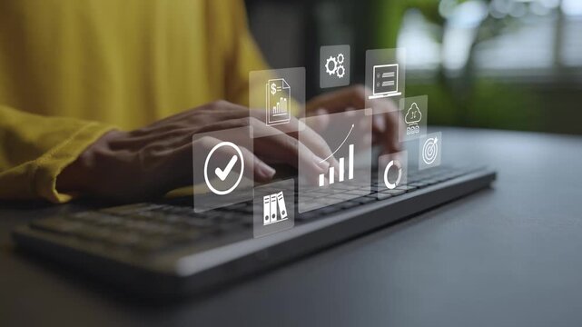 Business analysis and data management concept. Person typing keyboard with financial growth chart, sales funnel and marketing target icons, enterprise strategy and operations.