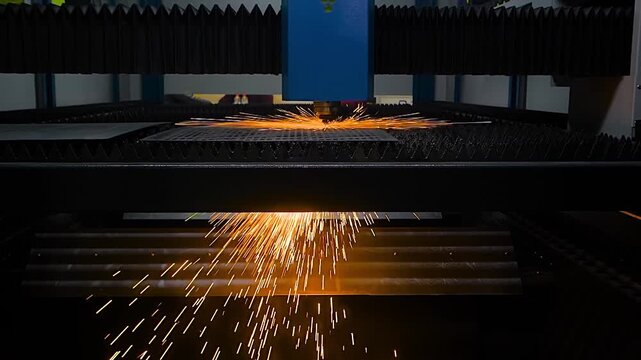 Automatic cnc laser cutting machine is working on sheet metal with many sparks at factory, plant - slow motion. Tool, industrial, equipment, manufacturing, and metalworking concept