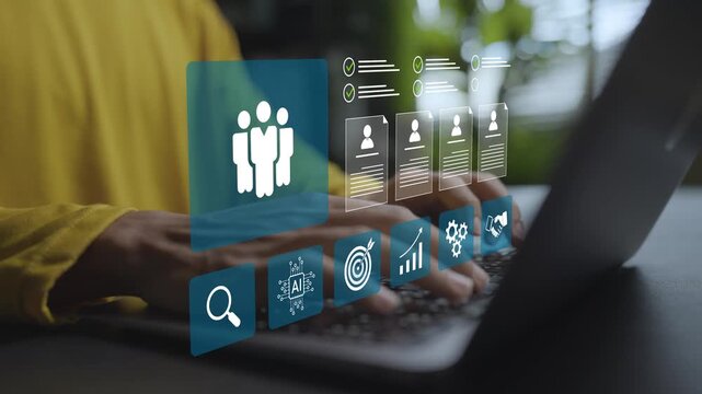HR human resources recruitment concept. Person using laptop with candidate profile, resume scanner, talent acquisition and modern hiring process.