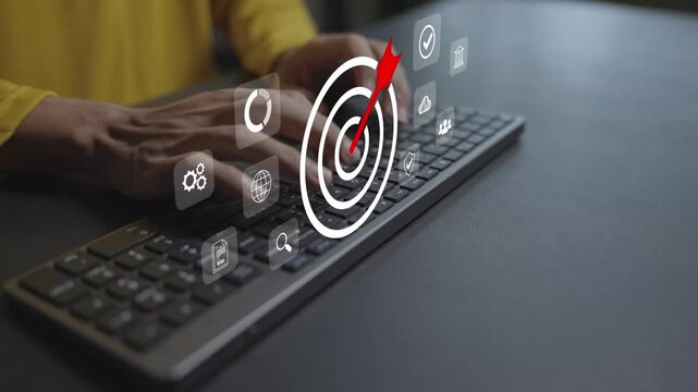Business goal and corporate development platform concept. Person typing keyboard with target focus, strategy gear and roadmap icons, sustainable business growth and success vision.