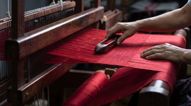 Artisan weaver operating traditional wooden loom with red silk threads to craft handmade textile