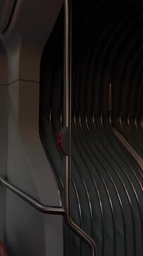 central stainless steel grab pole with attached red stop button seen from standing-passenger level, camera viewpoint slightly below midpoint, horizontal grab rail