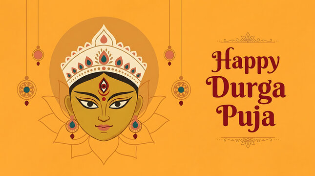 Minimal durga goddess face with elegant crown and hanging ornaments on warm yellow background for durga puja and navratri indian festive illustration