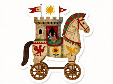 Vintage Trojan horse illustration, medieval wooden siege engine with castle tower, ancient Greek war machine sticker on white background