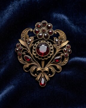 Ornate heirloom brooch on blue velvet