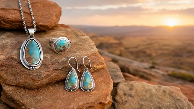 Turquoise jewelry arranged on desert stone