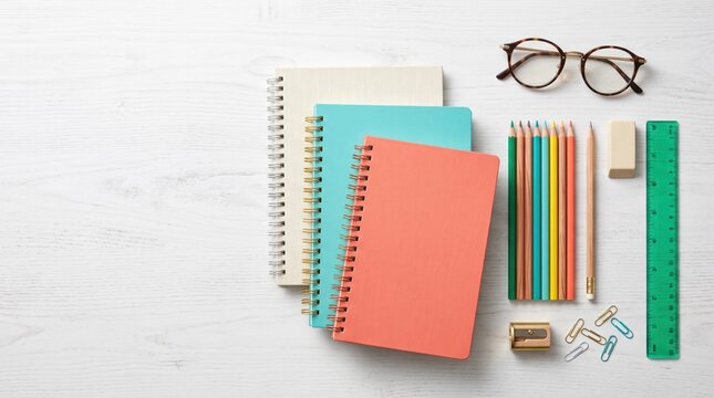 View of colorful spiral notebooks, a set of colored pencils, a ruler, an eraser, a sharpener, paper clips, and eyeglasses on a white wood desk
