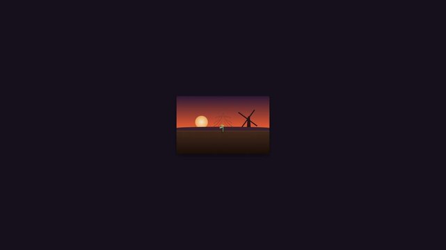 Animated Sunset Silhouette of a Windmill in a Field, Peaceful Rural Landscape
