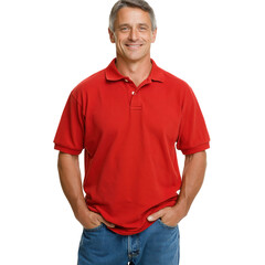 Fototapeta premium Smiling middle aged man in red polo shirt stands in , showcasing warmth and friendliness in casual setting