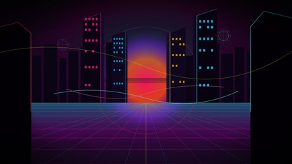 Neon Cyberpunk Geometric Cityscape Digital Background © Gwarual