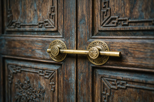 Antique Chinese wooden door with brass bolt, traditional carved dark wood entrance, vintage oriental gate hardware