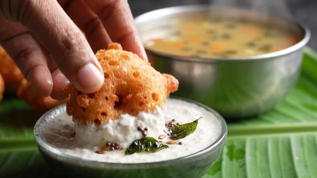 Squeezing Fresh Lime Over Asian Dish on Banana Leaf