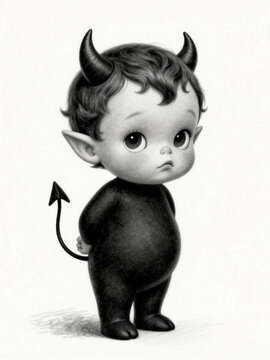 Vintage devil baby illustration, cute gothic demon character with horns and tail, monochrome retro fantasy art on white background