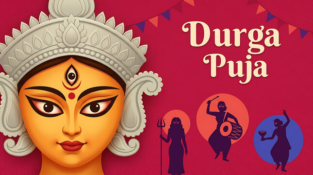 Vibrant durga goddess face with traditional crown and festive cultural silhouettes on pink background for durga puja and navratri indian celebration illustration