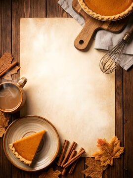 A warm and cozy thanksgiving still life featuring pumpkin pie coffee and autumnal decorations