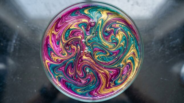 Abstract colorful liquid swirl background with vibrant metallic paint mixing in a circle