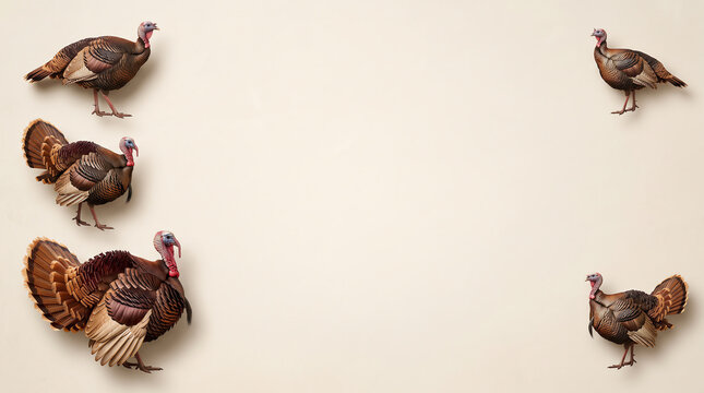 A collection of wild turkeys arranged on a plain light background with copy space for holiday text