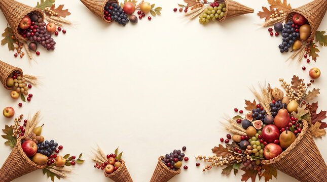 Festive thanksgiving cornucopia border with autumn fruits and pinecones on a light background with copy space