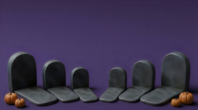 Small grey stone gravestones with tiny orange pumpkins on a dark purple background for halloween
