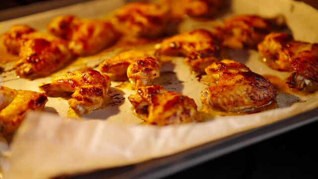Crispy Roasted Chicken Wings Baking On Tray Covered With Parchment Paper In Oven. Baked Poultry Meat