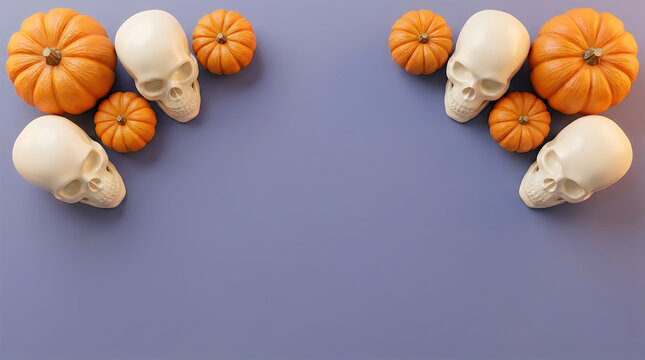 Halloween background with orange pumpkins and human skulls arranged on a purple surface